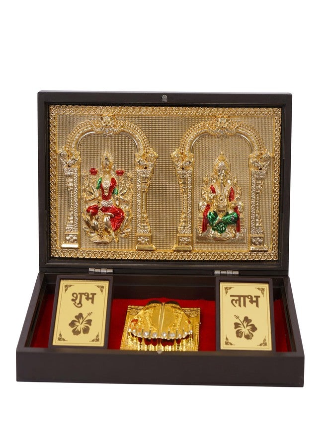 NAITIK CREATION إطار صور لاكشمي غانيش مطلي بالذهب من نايتيك كرييشن مع علبة هدايا شاران بادوكا | معبد صغير يُوضع على الطاولة، مثالي لطقوس ديوالي، وحفلات الانتقال إلى منزل جديد، وهدايا التذكار، وهدايا الشركات. - Image 3